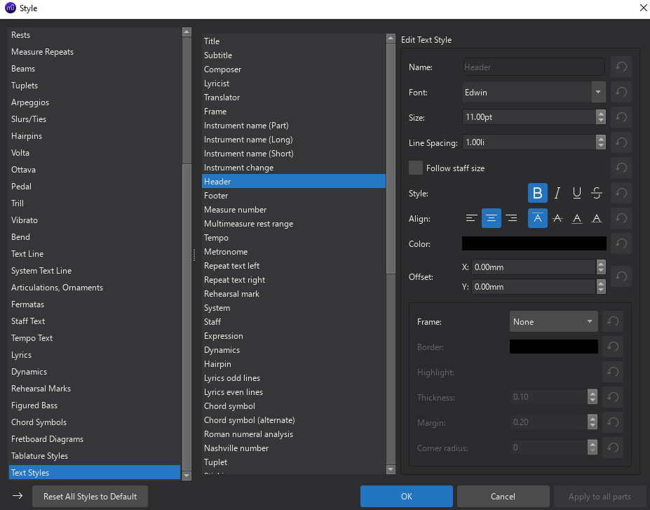 Editing values in Style for text inside Header, similarly for Footer