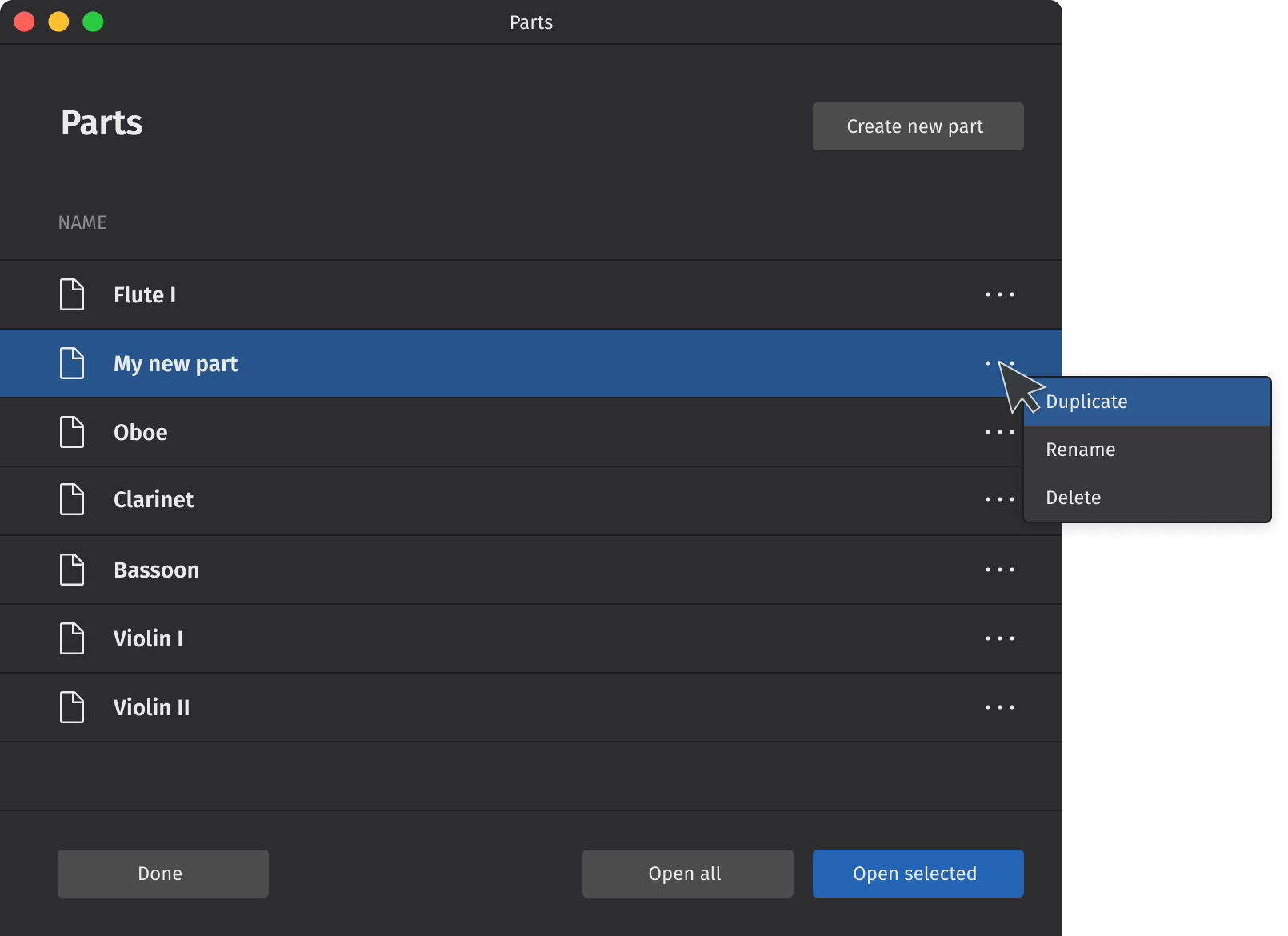 Context menu for parts image